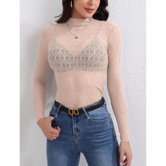 🆕 Women Pink Long Sleeve Mesh Top Lace Mock Neck See Through Fitted Sexy Out - Picture 2 of 7